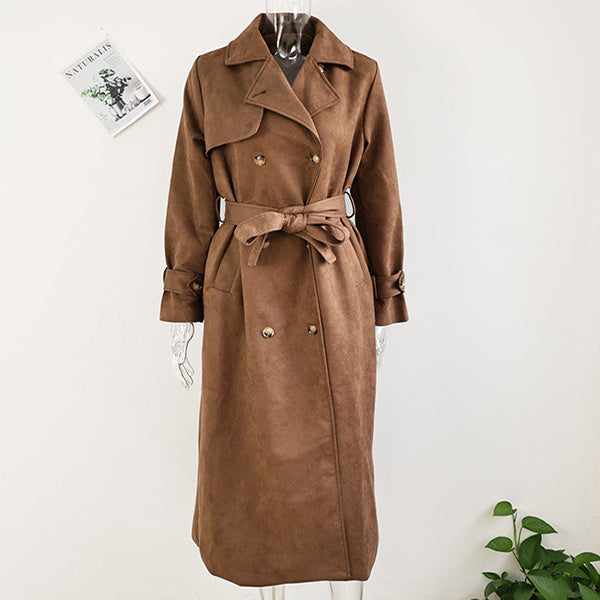 Double Breasted Lapel Shift Coat With Belt Fashion Vintage Suede Long Coat Winter Outwear Women's Clothing - Gabby Whale