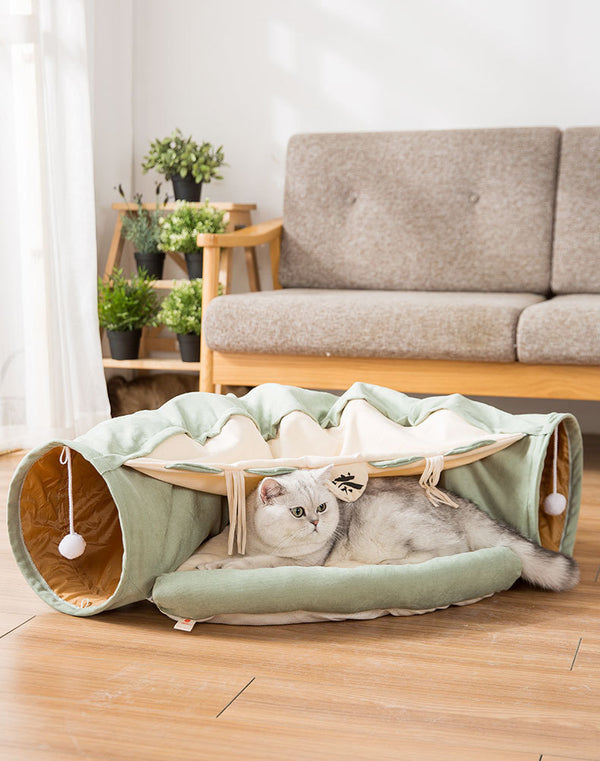 Foldable cat tunnel with crinkle material and hanging toy, great for hiding and pouncing