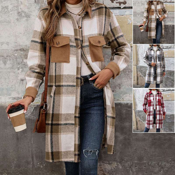 New Brushed Plaid Long Coat With Pockets Fashion Winter Jacket Outwear Women's Clothing Gabby Whale