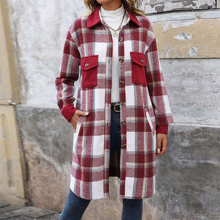 New Brushed Plaid Long Coat With Pockets Fashion Winter Jacket Outwear Women's Clothing Gabby Whale