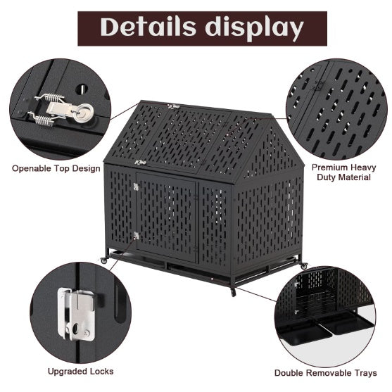 Heavy Duty Dog Crate 45 Inch Indestructible Pet Dog Cage Crate Kennel With Roof Top 2 Doors Removable Trays Gabby Whale