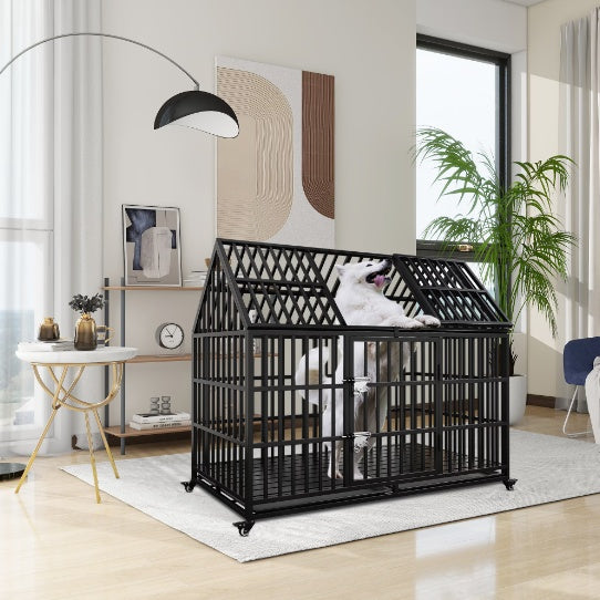 Heavy Duty Dog Crate 45 Inch Indestructible Pet Dog Cage Crate Kennel With Roof Top 2 Doors Removable Trays Gabby Whale