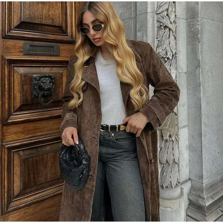 Double Breasted Lapel Shift Coat With Belt Fashion Vintage Suede Long Coat Winter Outwear Women's Clothing - Gabby Whale