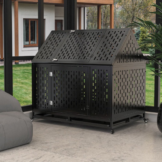 Heavy-duty steel dog crate with dual doors and wheels, ideal for secure puppy crate training.