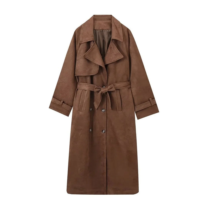 Double Breasted Lapel Shift Coat With Belt Fashion Vintage Suede Long Coat Winter Outwear Women's Clothing - Gabby Whale