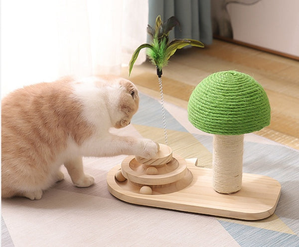 “Modern mushroom-shaped cat tree with feather teaser and ball track for interactive indoor play