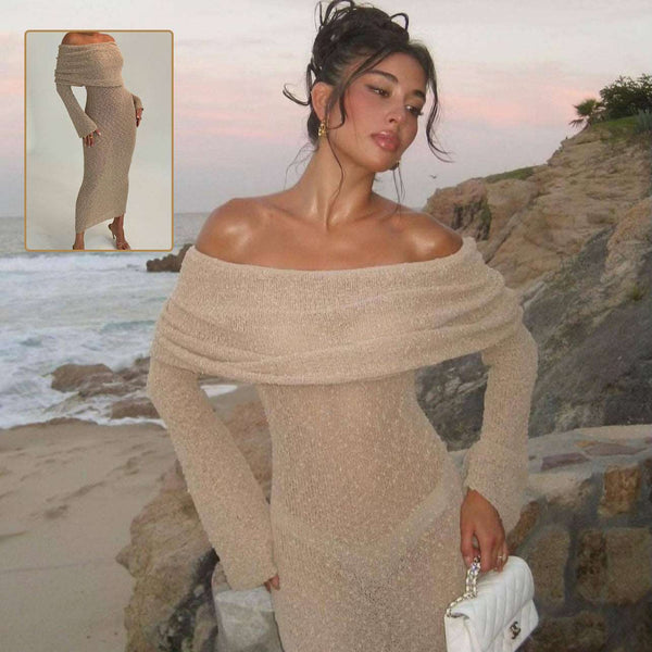 New One-shoulder Knitted Long-sleeved Dress Sexy Beach Holiday Long Dresses Womens Clothing Gabby Whale