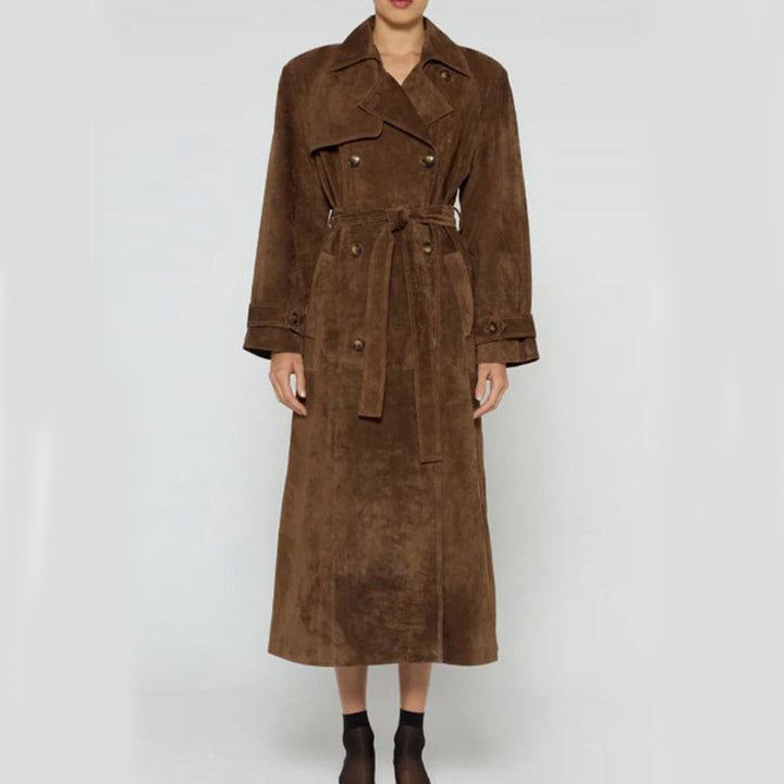 Double Breasted Lapel Shift Coat With Belt Fashion Vintage Suede Long Coat Winter Outwear Women's Clothing - Gabby Whale