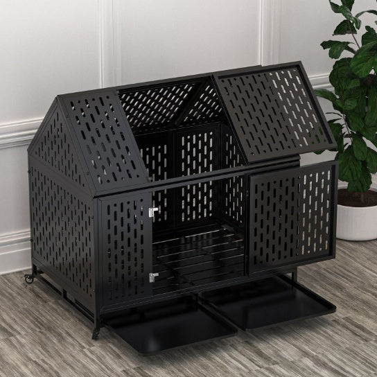 Heavy Duty Dog Crate 45 Inch Indestructible Pet Dog Cage Crate Kennel With Roof Top 2 Doors Removable Trays Gabby Whale