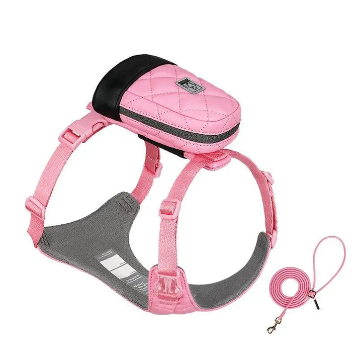 Eco-friendly Bio-Based Dog Harness and Leash Set in Blue, White, and Pink colors. Includes a comfortable harness, durable leash, and convenient poop bag dispenser. Suitable for daily walks, hiking, and outdoor activities.