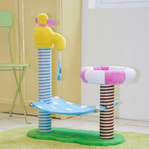 Spacious cat climbing frame with scratching post, jumping platform, and cozy bed