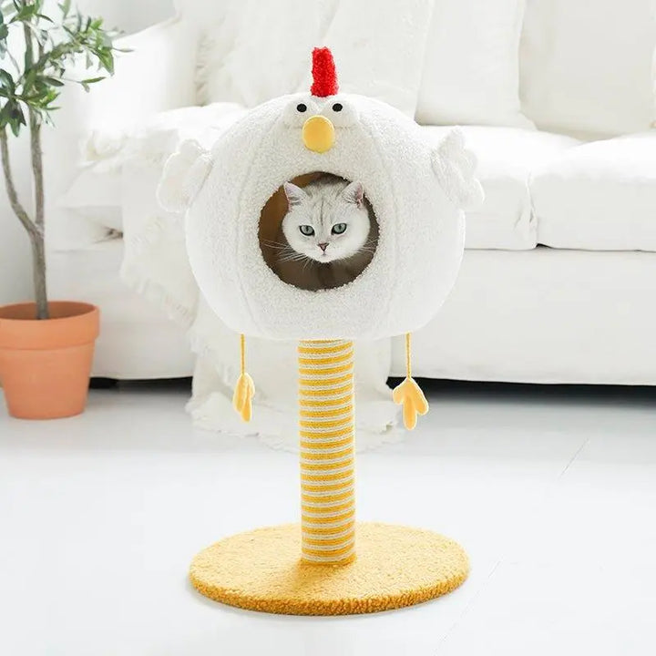 Cluck Cat Lounge chicken-shaped cat tree house with yellow sisal scratching post and removable cushion.