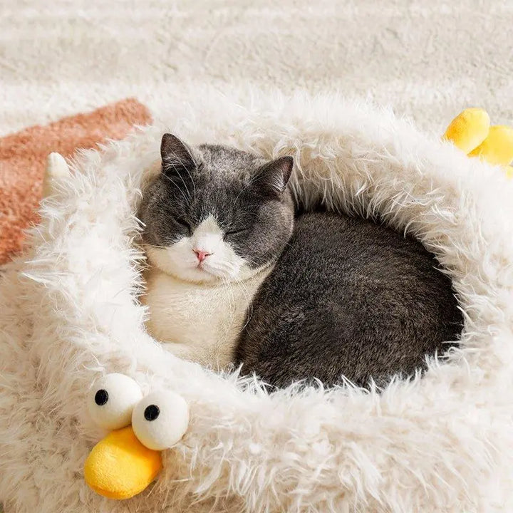 Chick-inspired Cluck cat nest in beige and white