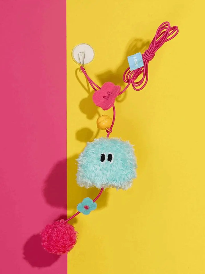 Adjustable elastic rope cat toy with catnip and bells in unique designs like light bulb, chandelier, and jellyfish.