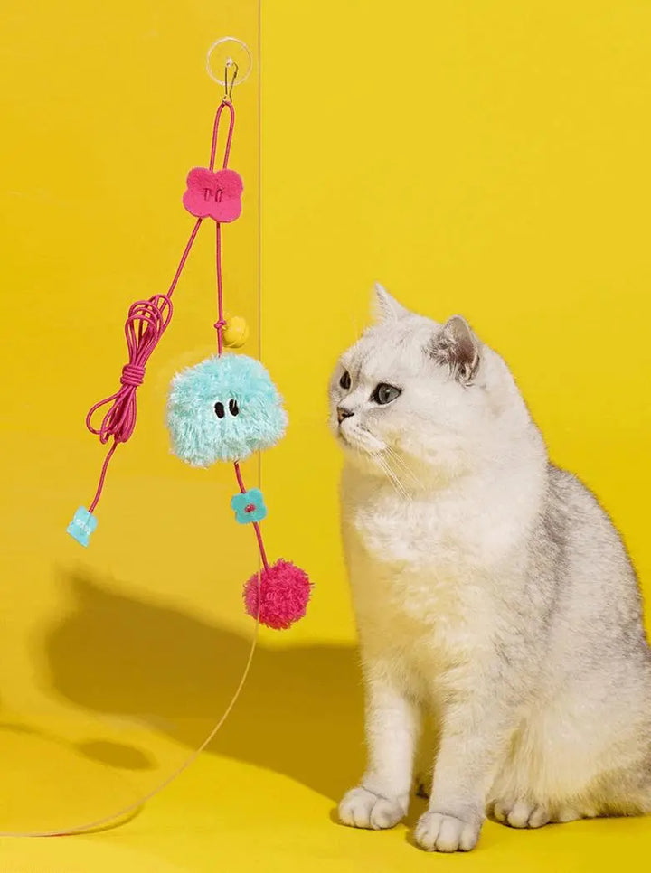 Adjustable elastic rope cat toy with catnip and bells in unique designs like light bulb, chandelier, and jellyfish.