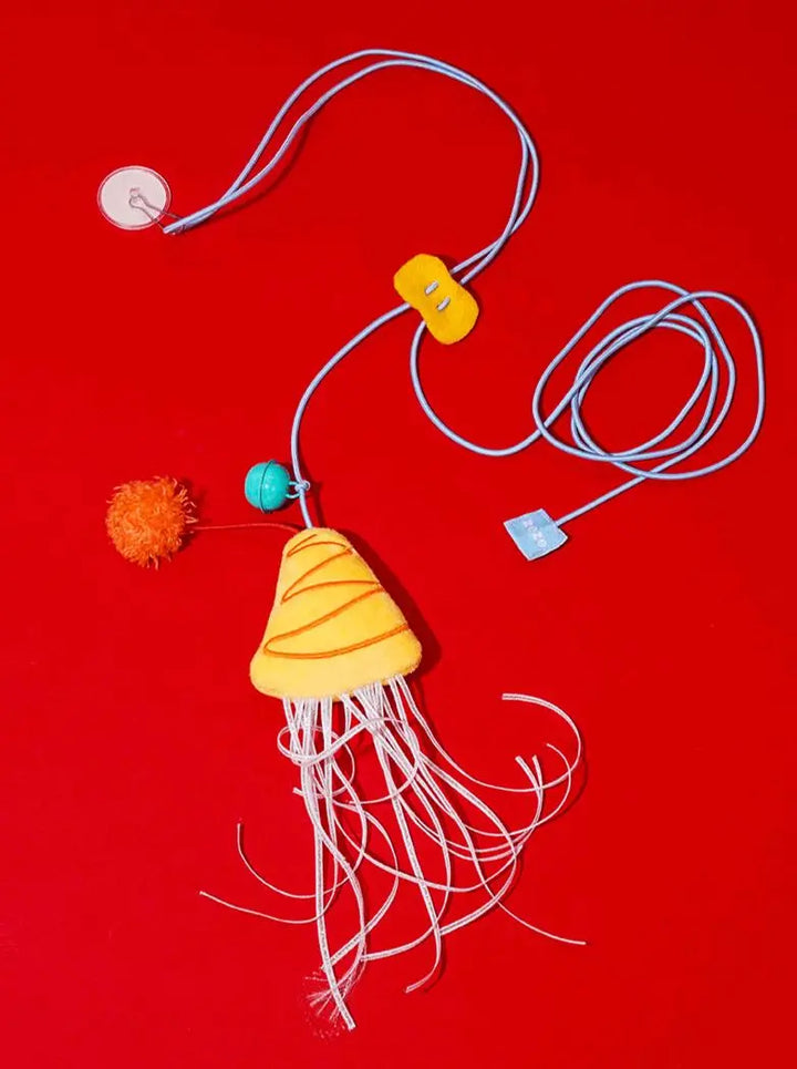 Adjustable elastic rope cat toy with catnip and bells in unique designs like light bulb, chandelier, and jellyfish.