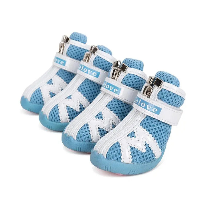 "Durable and stylish dog shoes in various colors, designed with breathable mesh and non-slip soles, perfect for protecting dogs' paws during outdoor activities."