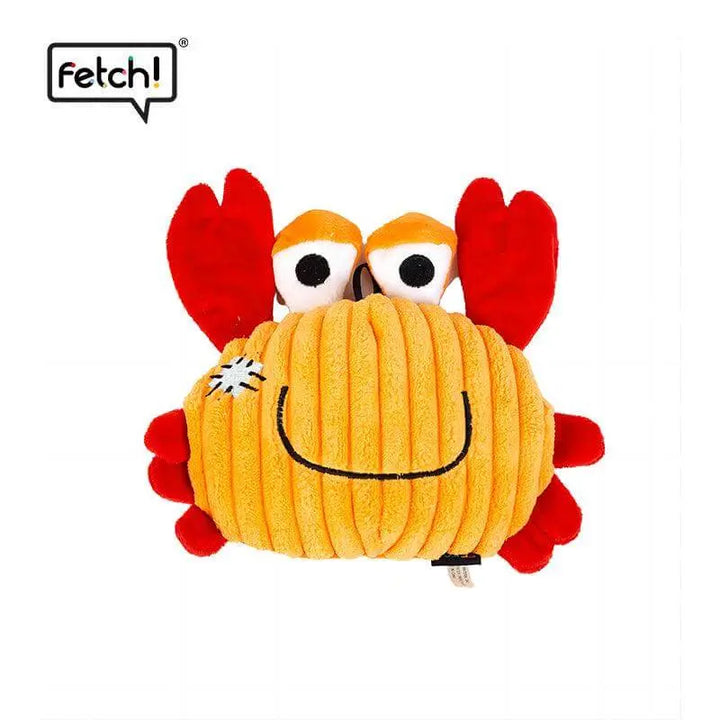 Fetch! Ocean Series plush pet toy collection, featuring starfish, seahorse, and dolphin in blue, green, orange, and pink.