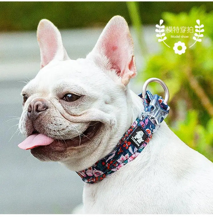 Elegant dog collar made of soft cotton and polyester, featuring a floral design for stylish pets.