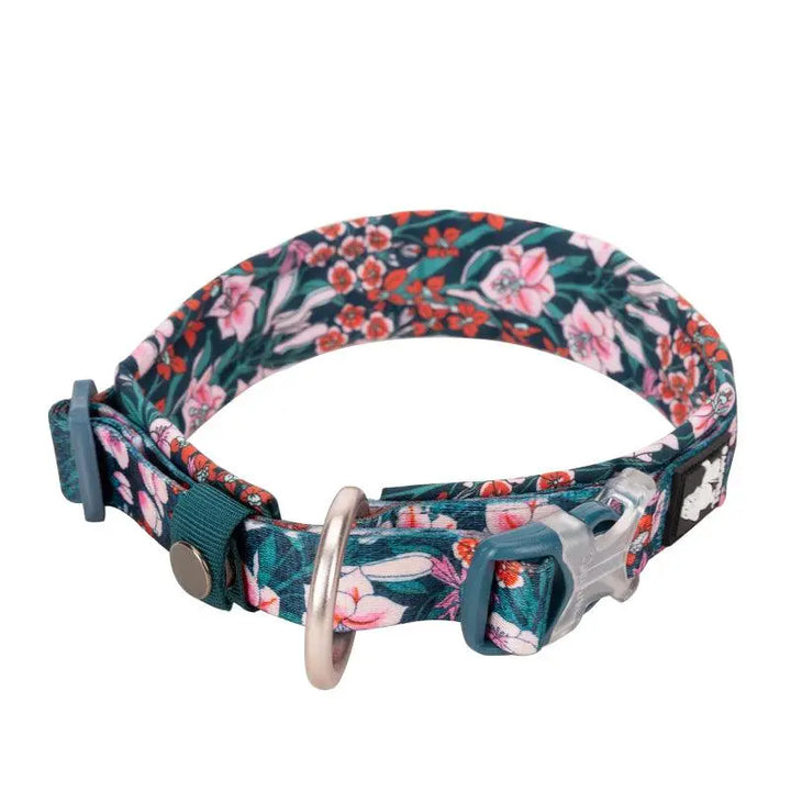 Camouflage blue floral dog collar with adjustable buckle, providing comfort and style for pets.