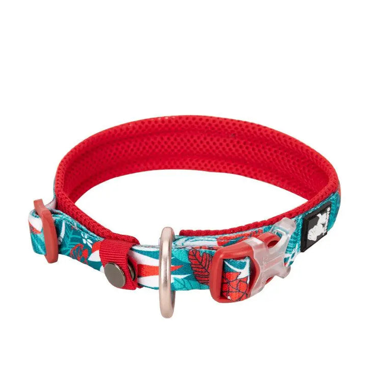 Stylish dog collar with floral prints, ensuring a secure fit and comfortable wear for dogs of all sizes.