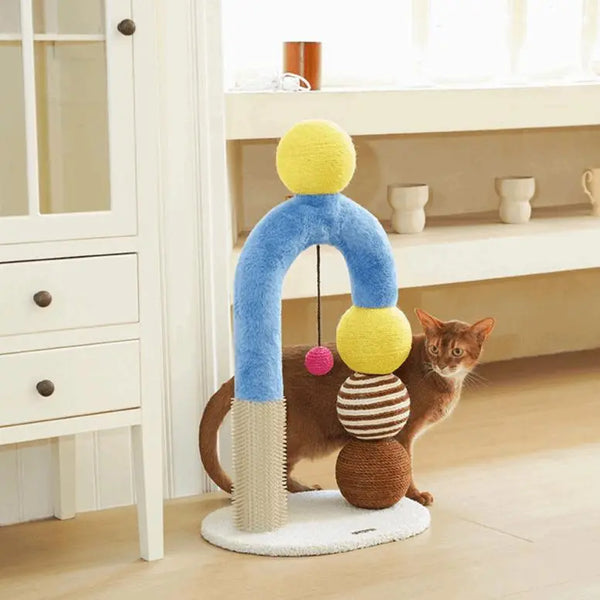 Geometric multi-functional cat scratching post showcasing a modern, minimalist design. The post is made of soft plush fabric and durable jute rope, with a thickened, stable base and a pink ball containing a rattle for playful interaction. Standing 70cm tall, the scratching post features a rounded arch shape, designed to meet cats' scratching and playing needs while blending seamlessly into home decor with both functionality and style.