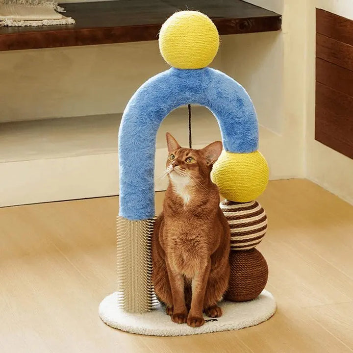 Geometric multi-functional cat scratching post showcasing a modern, minimalist design. The post is made of soft plush fabric and durable jute rope, with a thickened, stable base and a pink ball containing a rattle for playful interaction. Standing 70cm tall, the scratching post features a rounded arch shape, designed to meet cats' scratching and playing needs while blending seamlessly into home decor with both functionality and style.