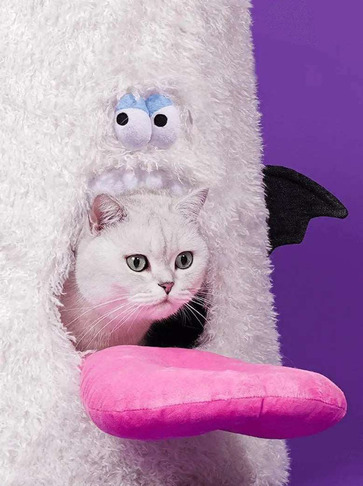 Ghost Cats' Lair Halloween-themed cat house, with plush fabric and playful ghost design for cat play and rest.