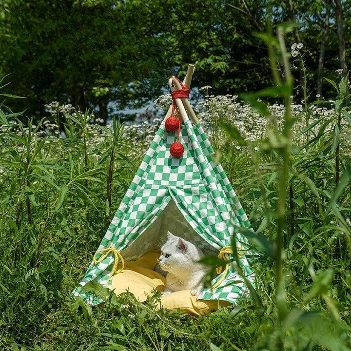 Cozy Cat Tent with green checkered design, providing a stylish lounging space for cats.