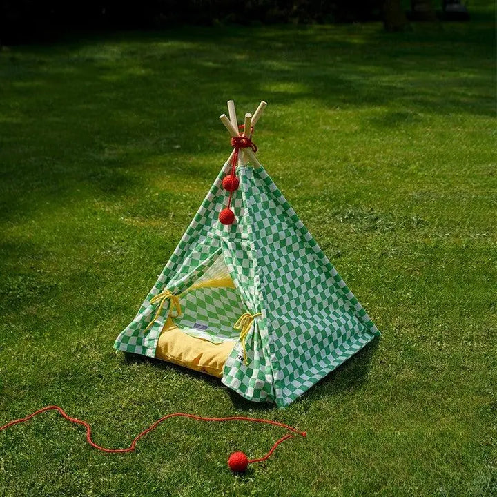 Cozy Cat Tent with green checkered design, providing a stylish lounging space for cats.