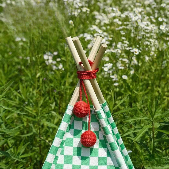 Cozy Cat Tent with green checkered design, providing a stylish lounging space for cats.