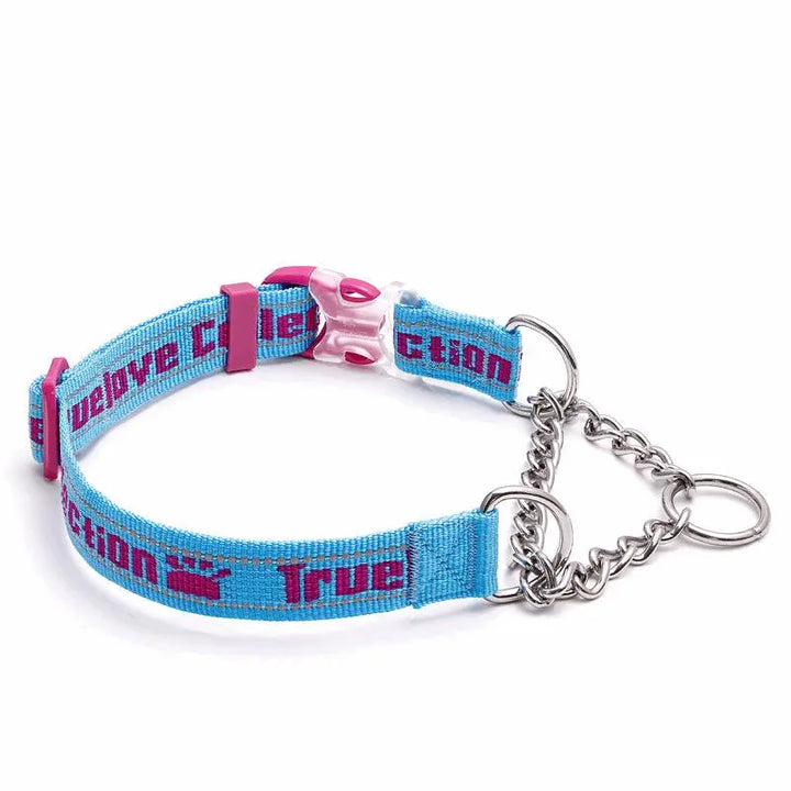 Reflective Half Choke Dog Collar in vibrant colors, showcasing its durable Nylon Webbing material, stainless steel chain, adjustable buckle, and reflective 3M material for enhanced safety during walks and training.