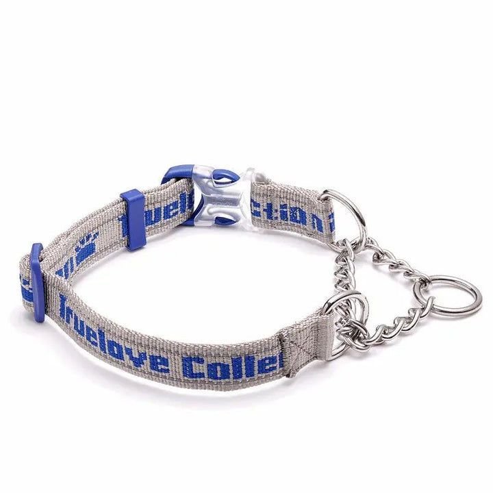 Reflective Half Choke Dog Collar in vibrant colors, showcasing its durable Nylon Webbing material, stainless steel chain, adjustable buckle, and reflective 3M material for enhanced safety during walks and training.