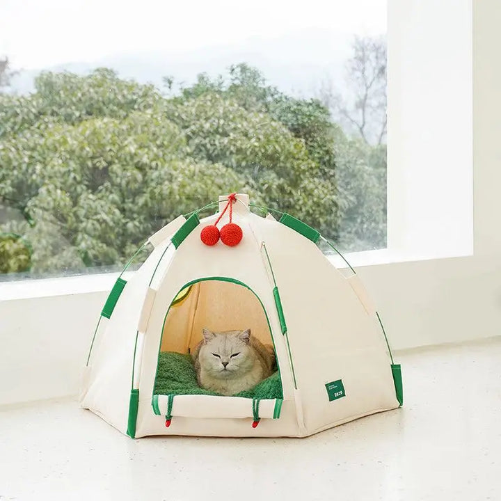 Cat playing with red hemp rope ball on Igloo Cat Tent