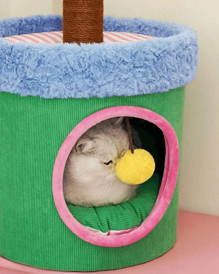 LOLLIPOP HOUSE indoor cat house with dual-level design, scratch post, and cozy sleeping pad.