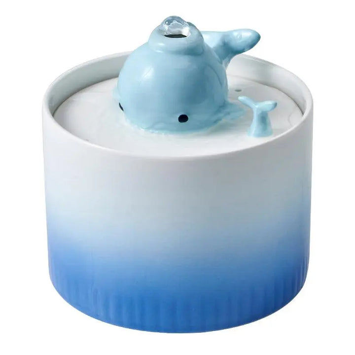 Little Whale Ceramic Cat Water Fountain with cute whale spout, designed to encourage pets to drink more water