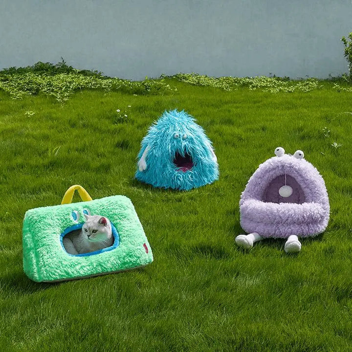 Purple Gaga Monster Pet House designed with cozy long plush and a cat teasing ball.