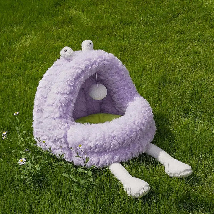 Purple Gaga Monster Pet House designed with cozy long plush and a cat teasing ball.