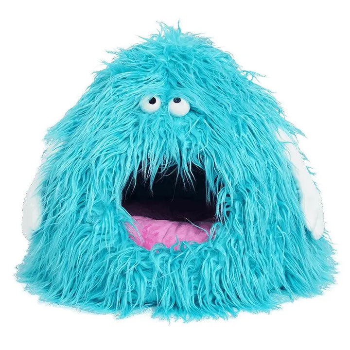 Blue Haha Monster Pet Bed featuring a removable cushion and non-slip base.