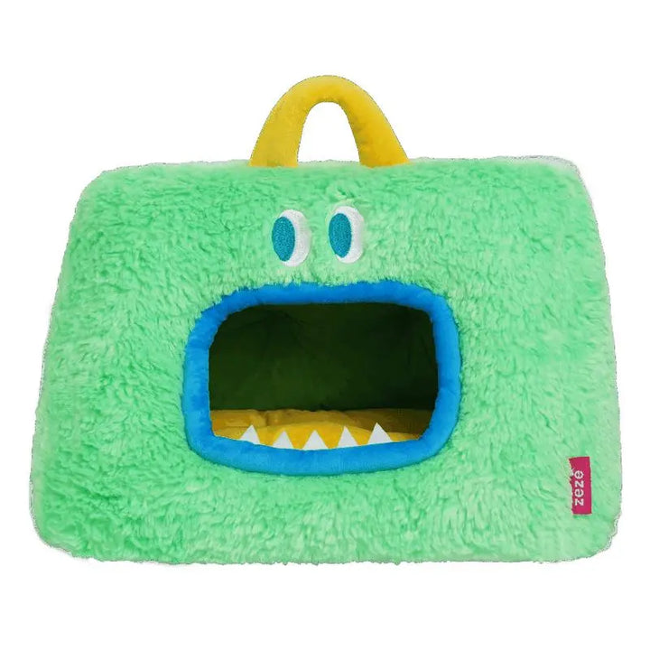 Green Wawa Monster Pet Bed with soft plush and spacious interior for cats.