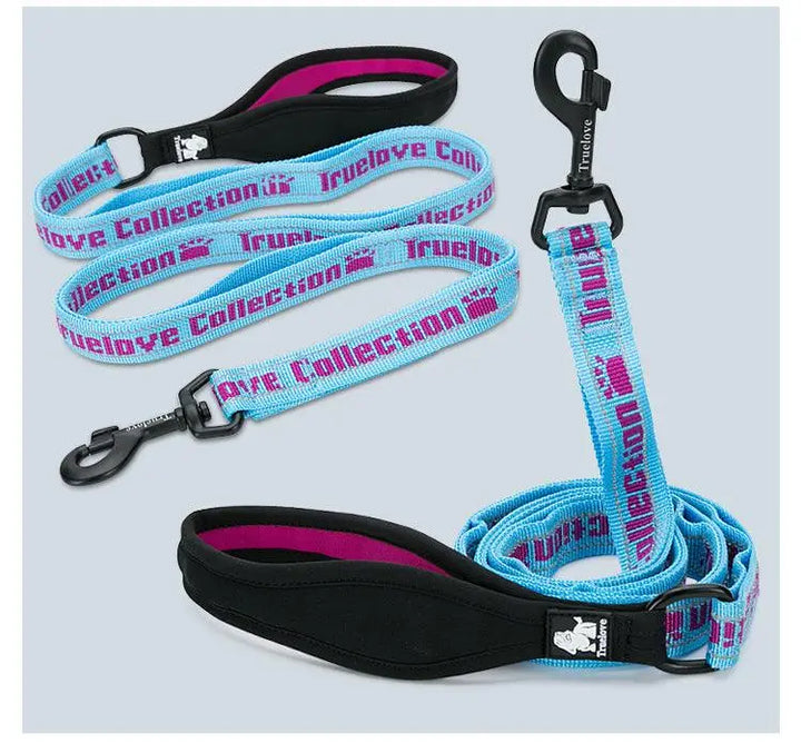 Durable reflective dog leash during a walk for enhanced safetyEdited Alt Text: Reflective dog leash providing safety during a walk.