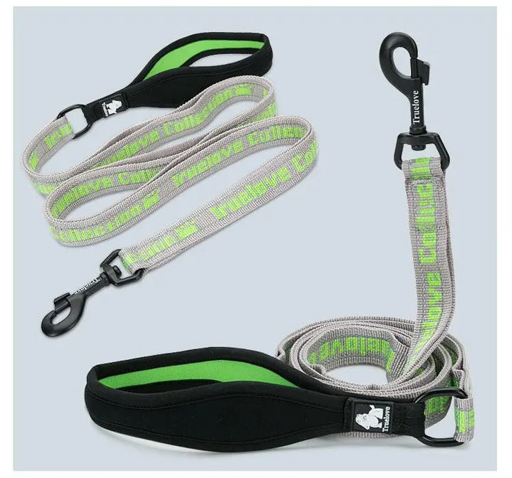 Durable reflective dog leash during a walk for enhanced safetyEdited Alt Text: Reflective dog leash providing safety during a walk.