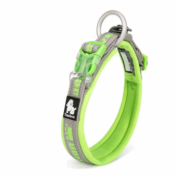 Neoprene dog collar with reflective stitching, adjustable aluminum alloy buckle, and soft neoprene padding for comfort and safety during outdoor activities.