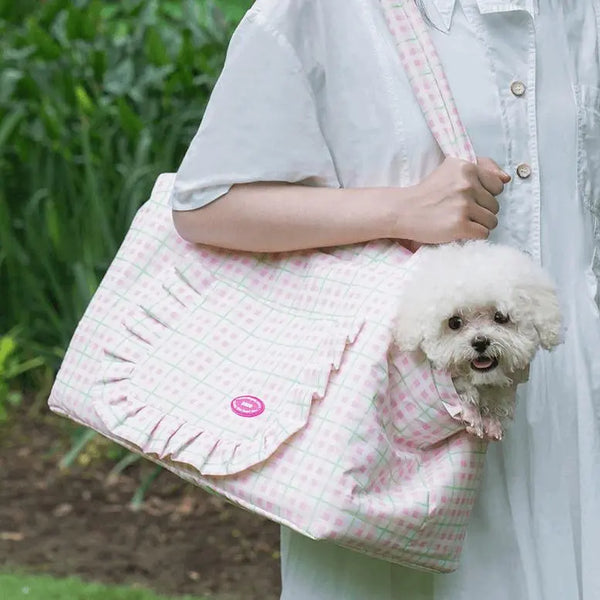 Breathable plaid cat carrier with mesh windows and soft mat inside