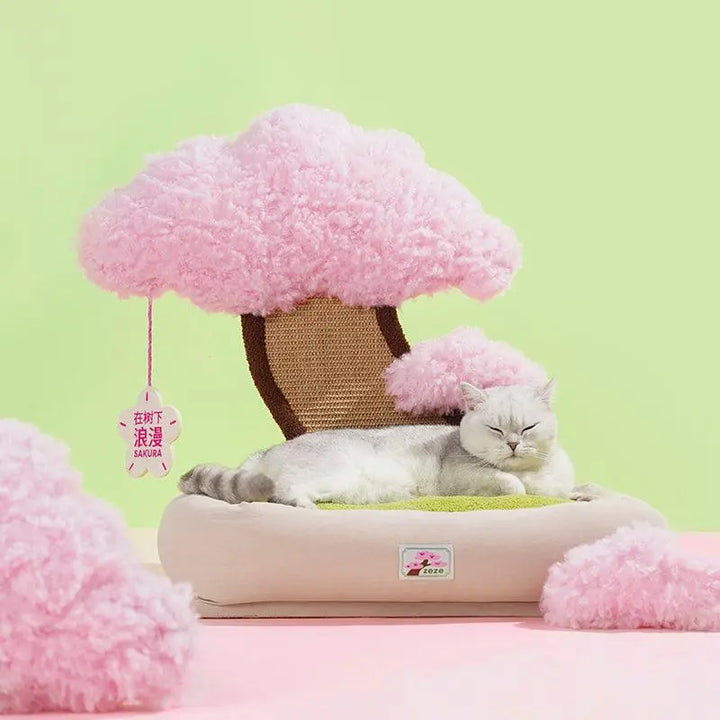 Stylish Pot Plant Cat Bed with cherry blossom design, offering comfort and play space for cats.