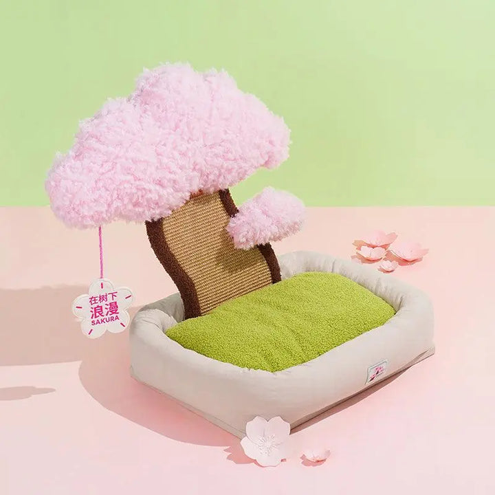 Stylish Pot Plant Cat Bed with cherry blossom design, offering comfort and play space for cats.