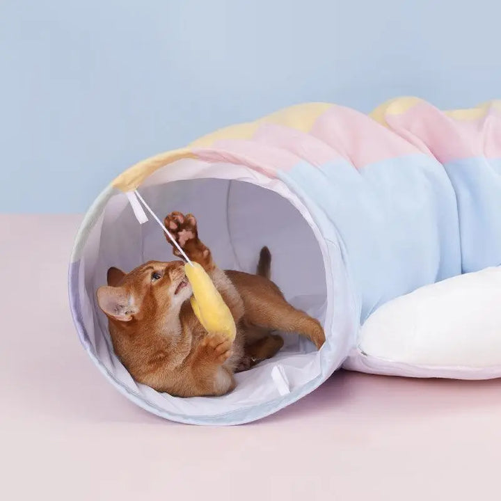 Colorful rainbow cat tunnel bed with hanging star toy and soft cushion, perfect for playful and comfortable cat relaxation.