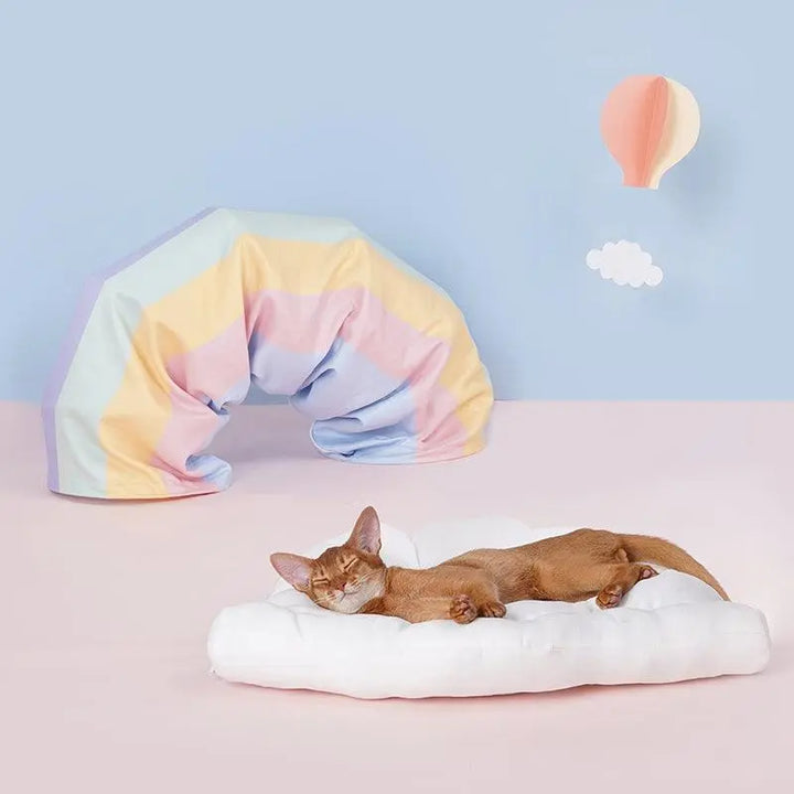 Colorful rainbow cat tunnel bed with hanging star toy and soft cushion, perfect for playful and comfortable cat relaxation.