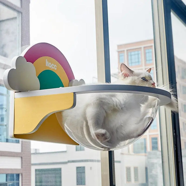 Rainbow-themed cat climbing frame with a transparent space capsule bed for jumping and resting.