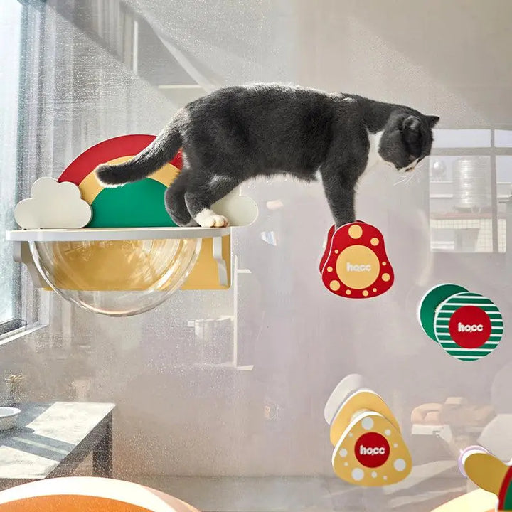 Rainbow-themed cat climbing frame with a transparent space capsule bed for jumping and resting.